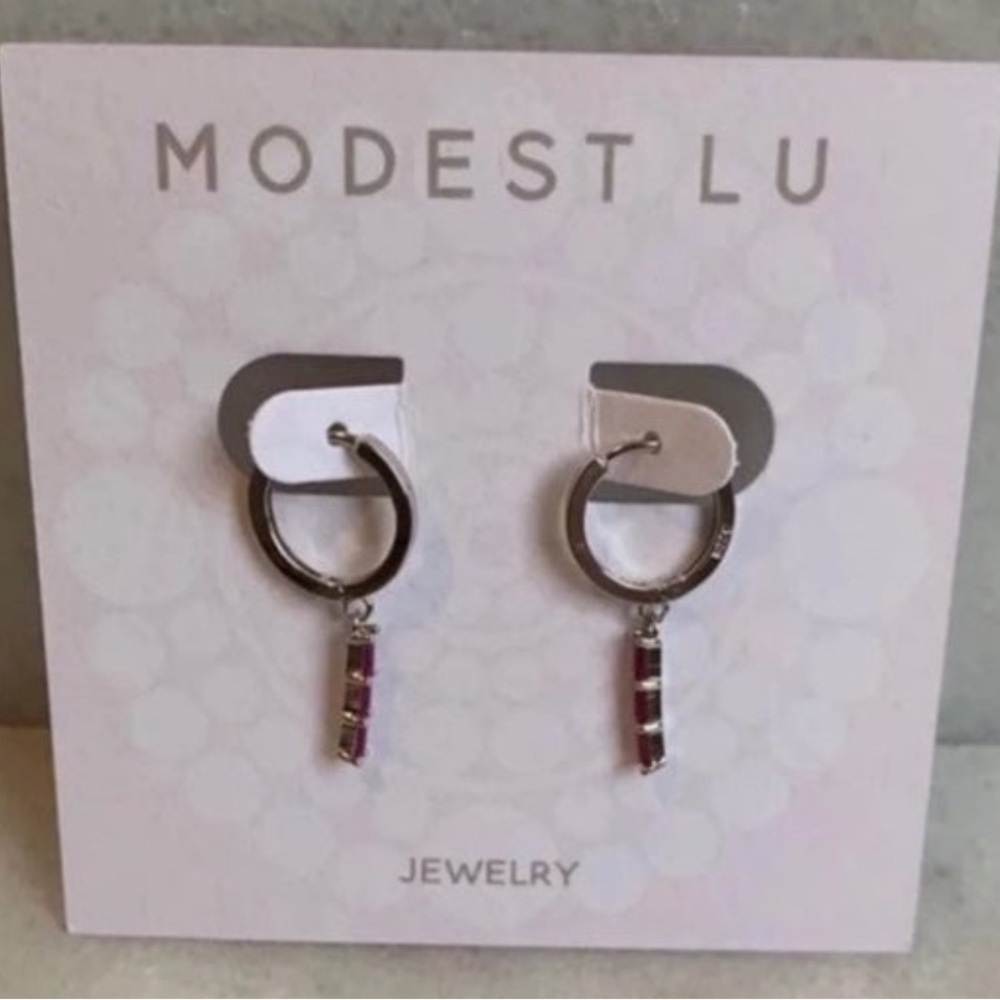 Silver Pink Crystal Princess Dangle Huggie Hoop Earrings - Picture 2 of 4